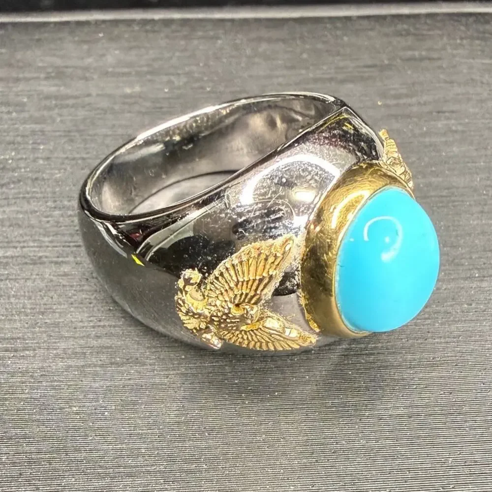 Solid 925 Sterling Silver And Solid 10k Yellow Gold Turquoise Stone Size 10 Ring